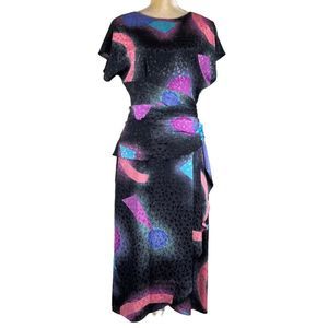 80s Vintage Young Edwardian Black and Pastel Spray Painted Shapes Print Dress 10